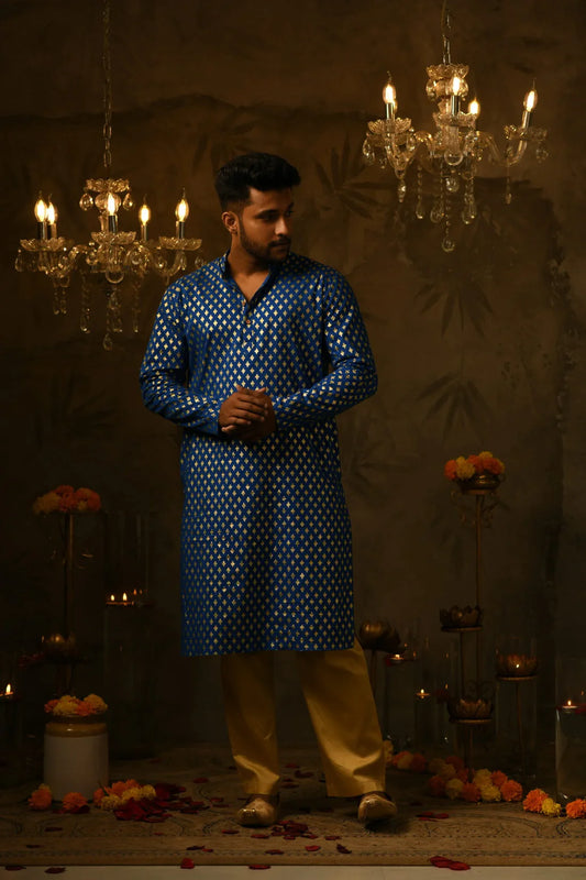 Abhijit Royal Blue Foil Print Kurta & Golden Pant Set