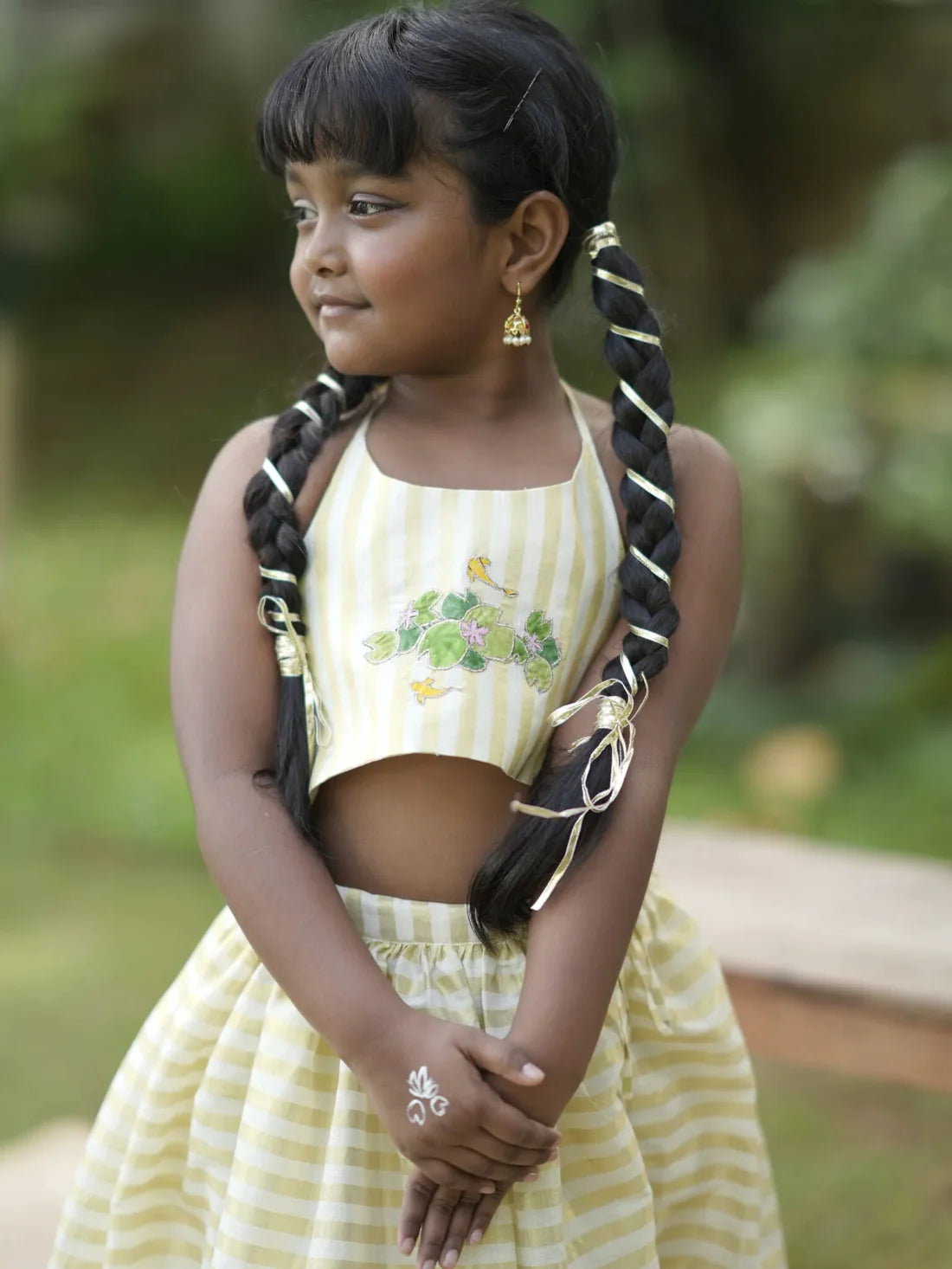 Zara Kamalam Embroidered Blouse + Onam Kasavu Stripe Skirt Set