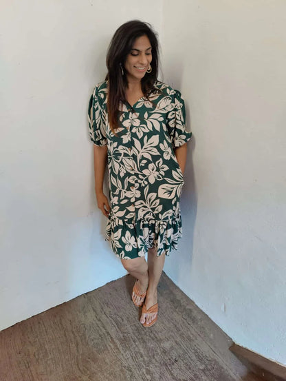 Green Floral Print Mid Length Dress