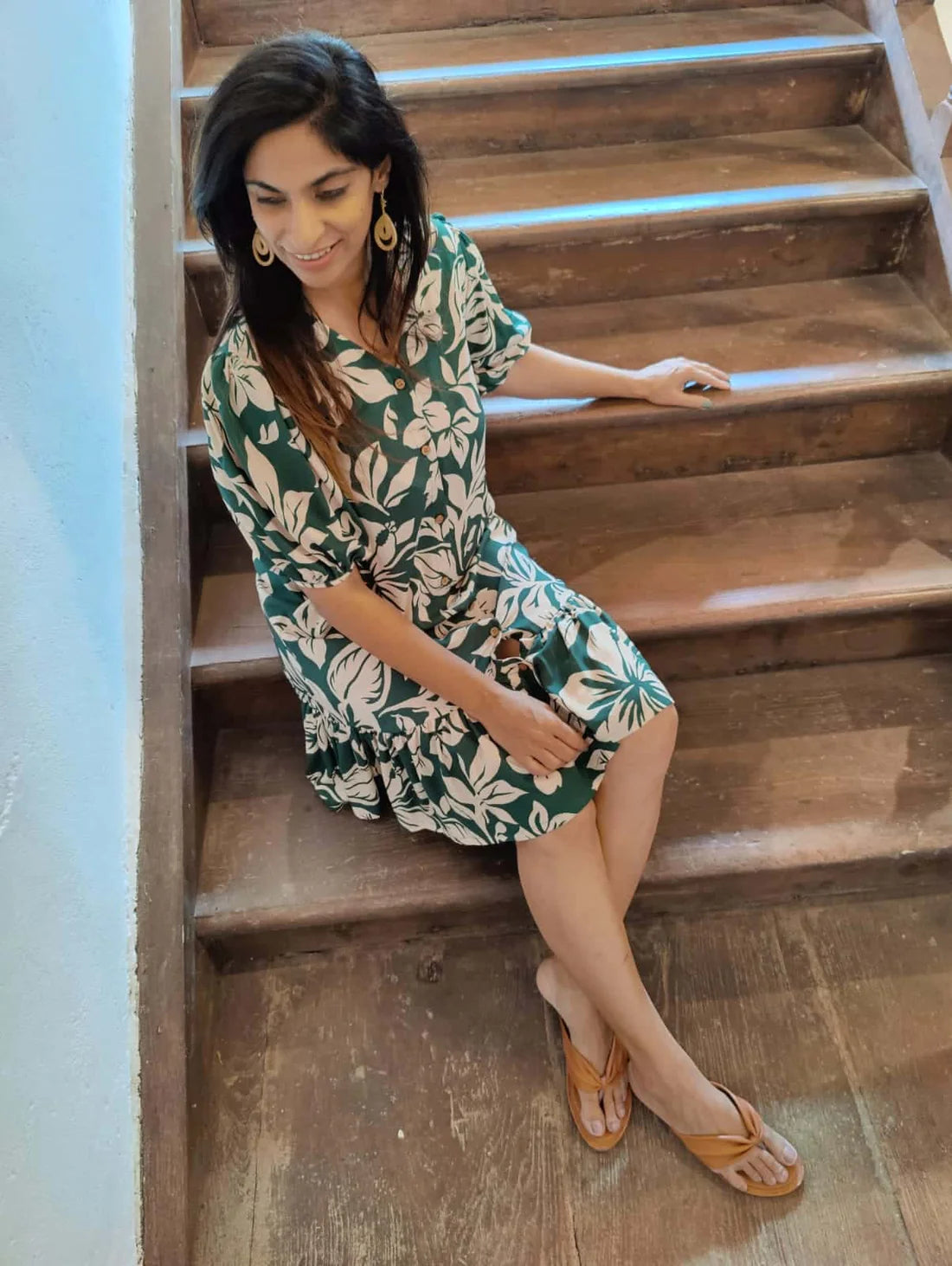 Green Floral Print Mid Length Dress