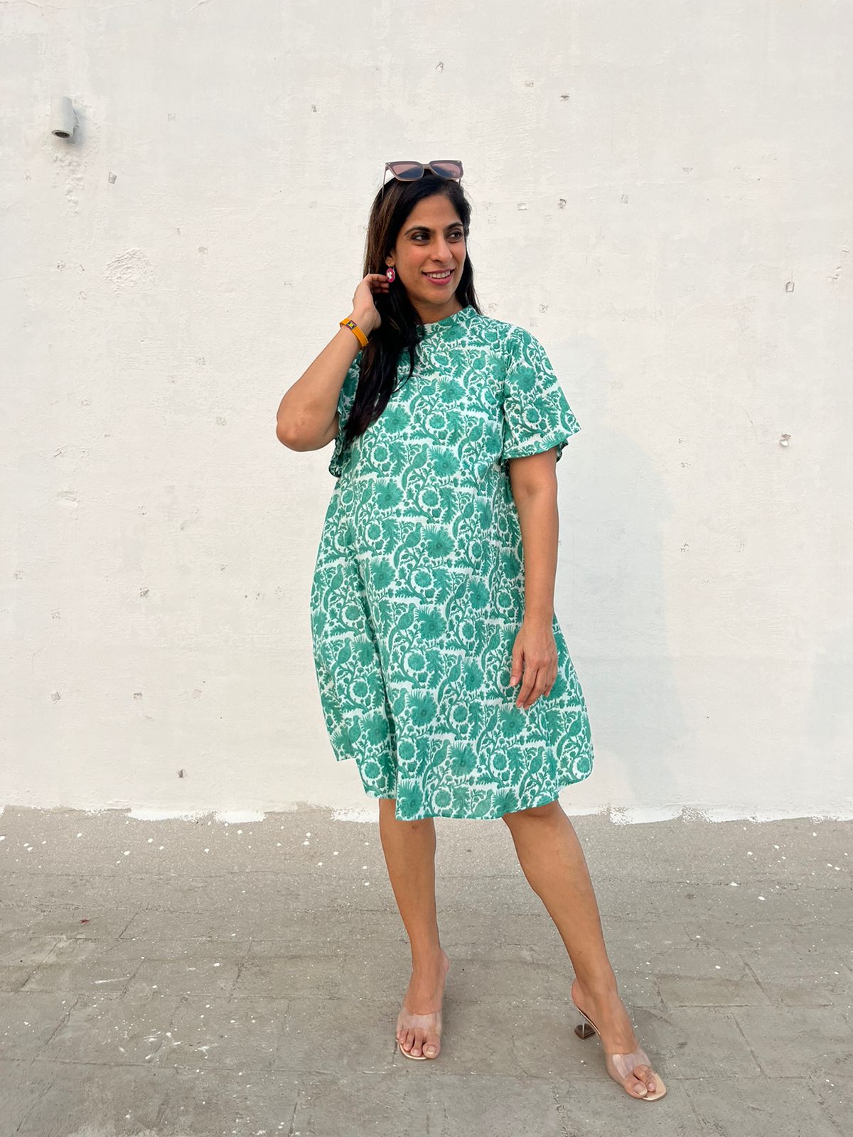 Green Batik Printed A-Line Dress