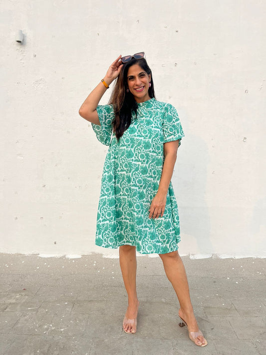 Green Batik Printed A-Line Dress