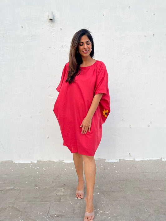 Coral Dress with Sunflower Pocket