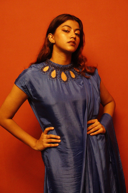 Azure Embelished Drape Dark Blue Dress