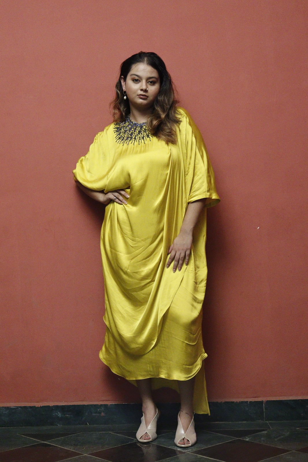 Dark Blue-Neck Embroidered Yellow Kaftan