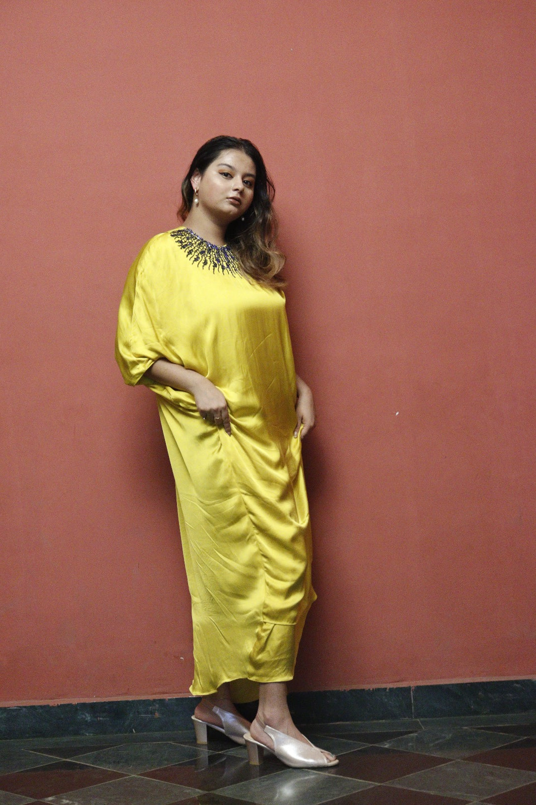 Dark Blue-Neck Embroidered Yellow Kaftan