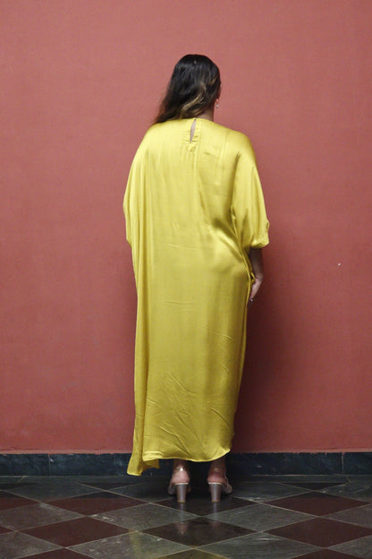 Dark Blue-Neck Embroidered Yellow Kaftan