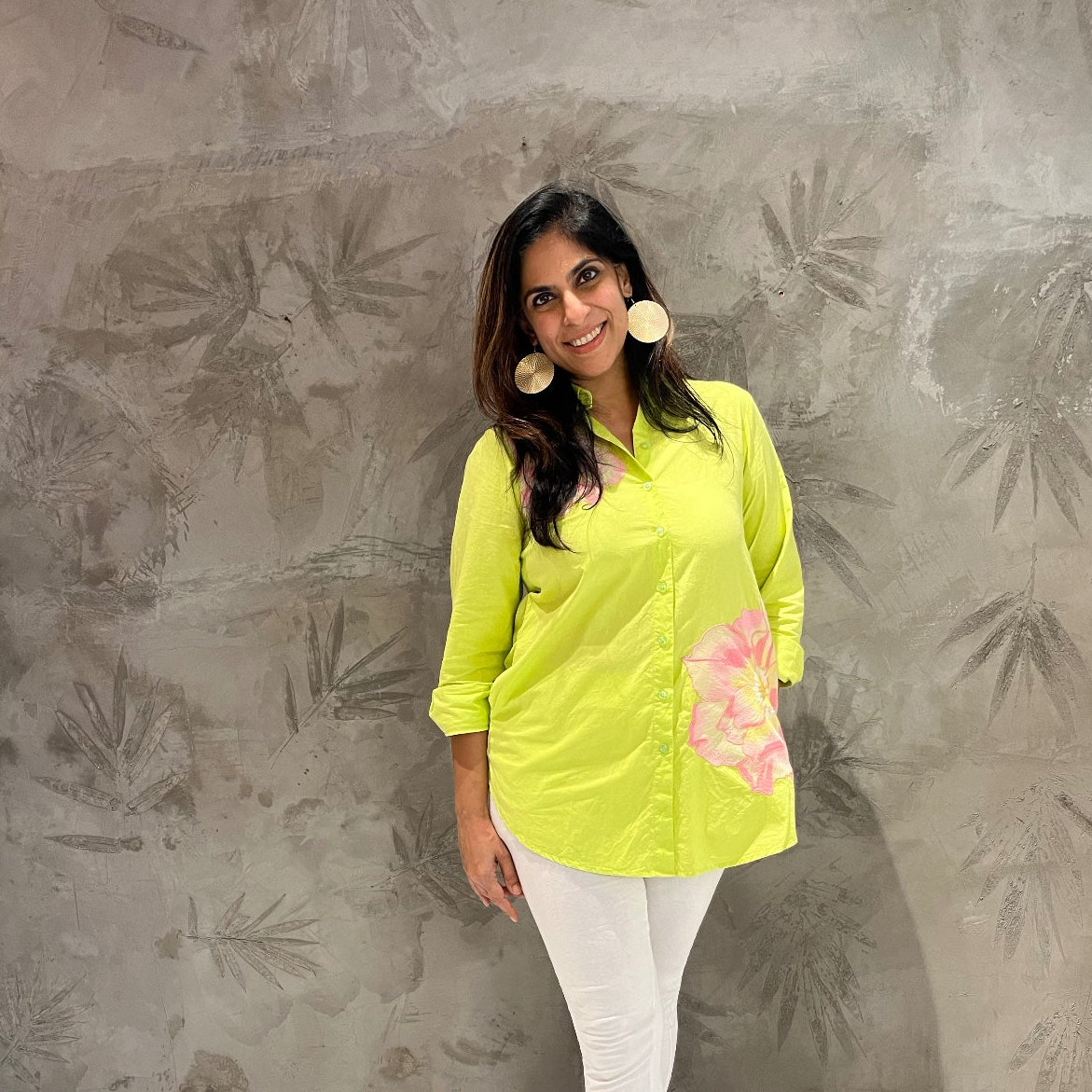 Pink Big Flower Embroidered Neon Green Shirt