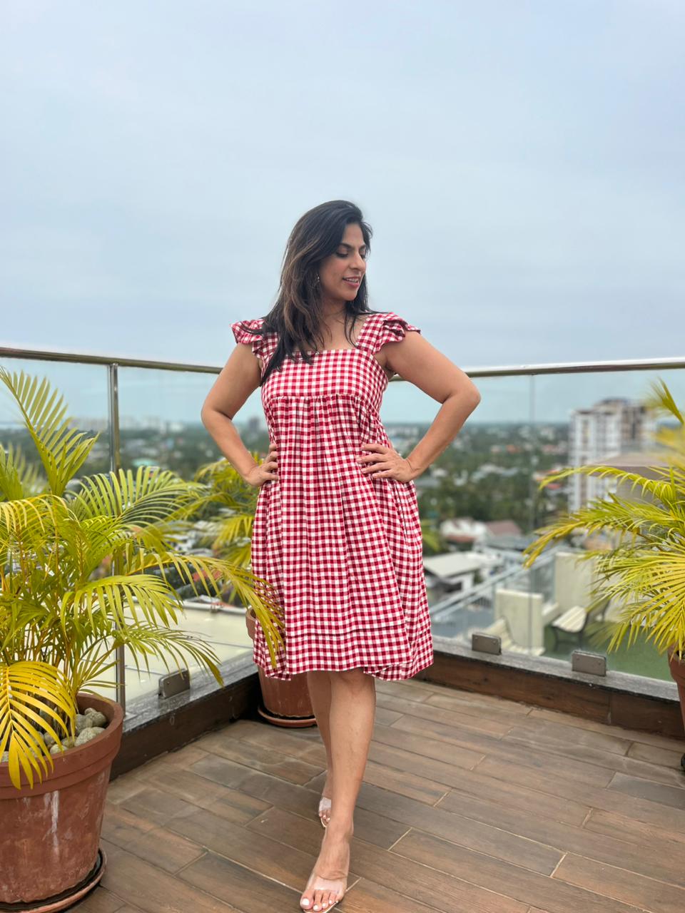 Red & White Small checks Sleeveless Cotton Dress