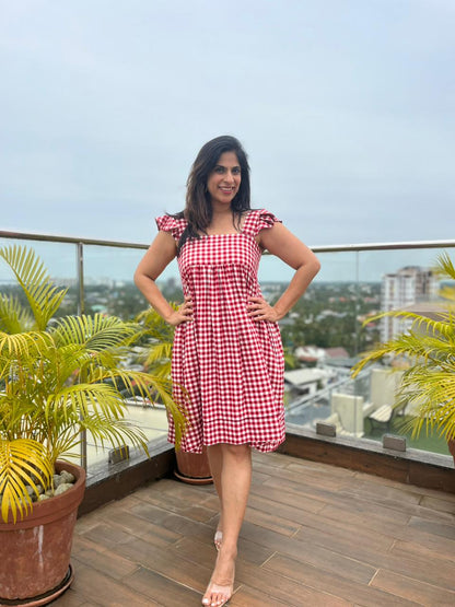 Red & White Small checks Sleeveless Cotton Dress