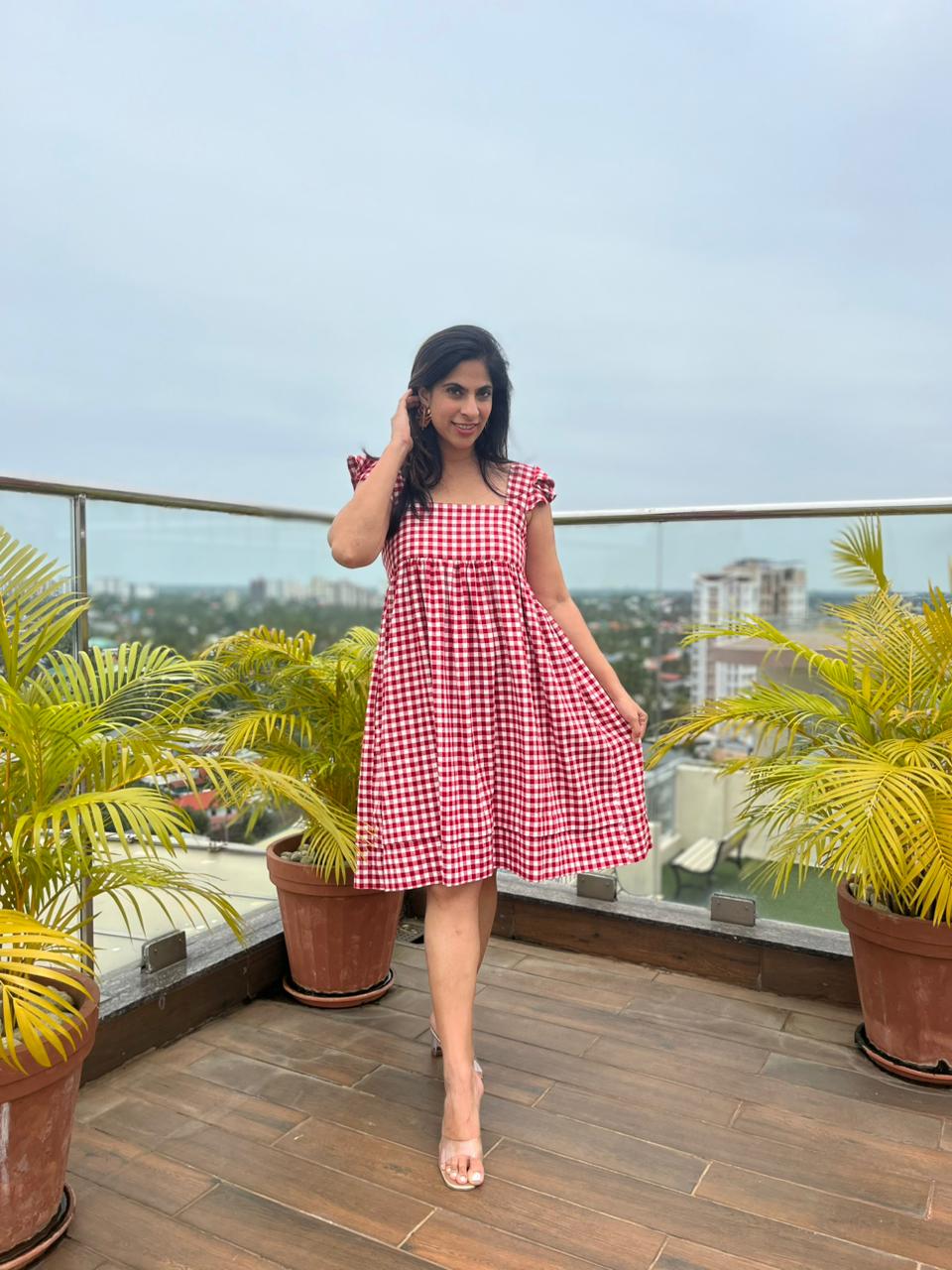 Red & White Small checks Sleeveless Cotton Dress