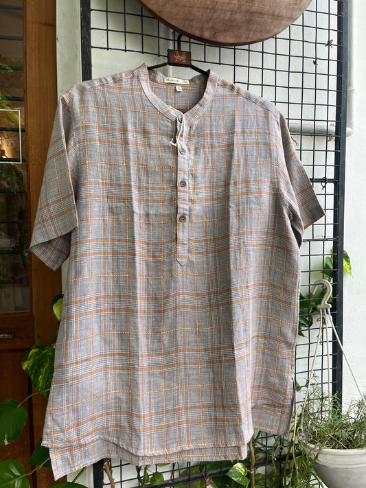 Linen Chinese Collar Check Short Kurta