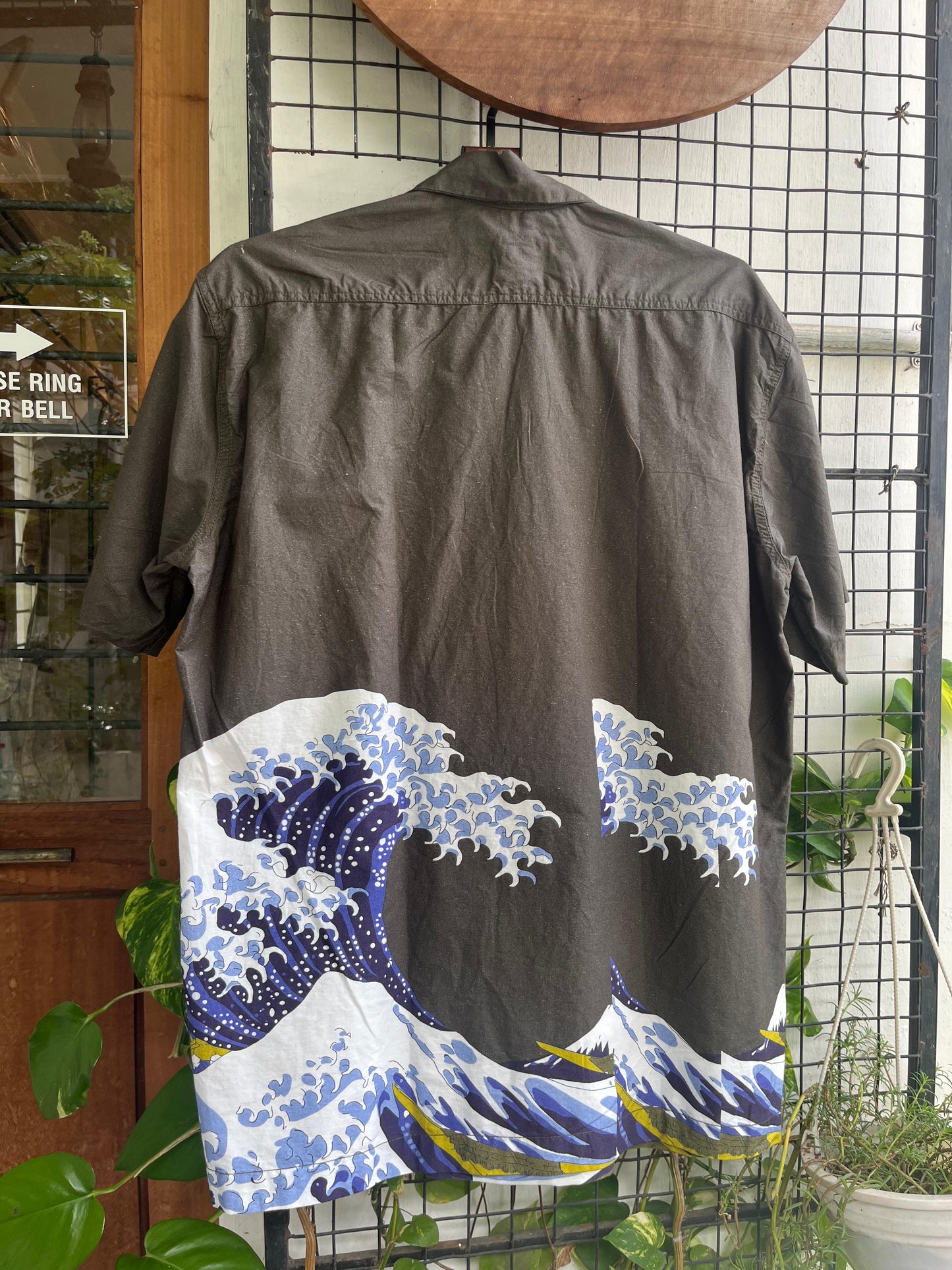 Great Wave Printed Dark Green Cotton Oversized Shirt