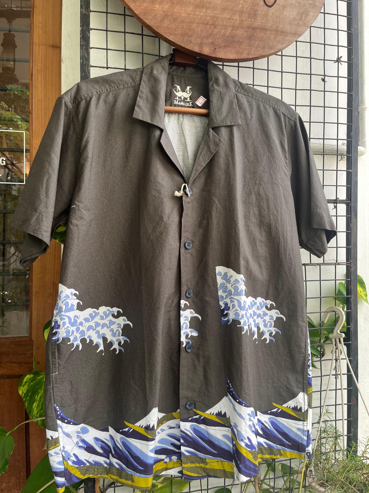 Great Wave Printed Dark Green Cotton Oversized Shirt