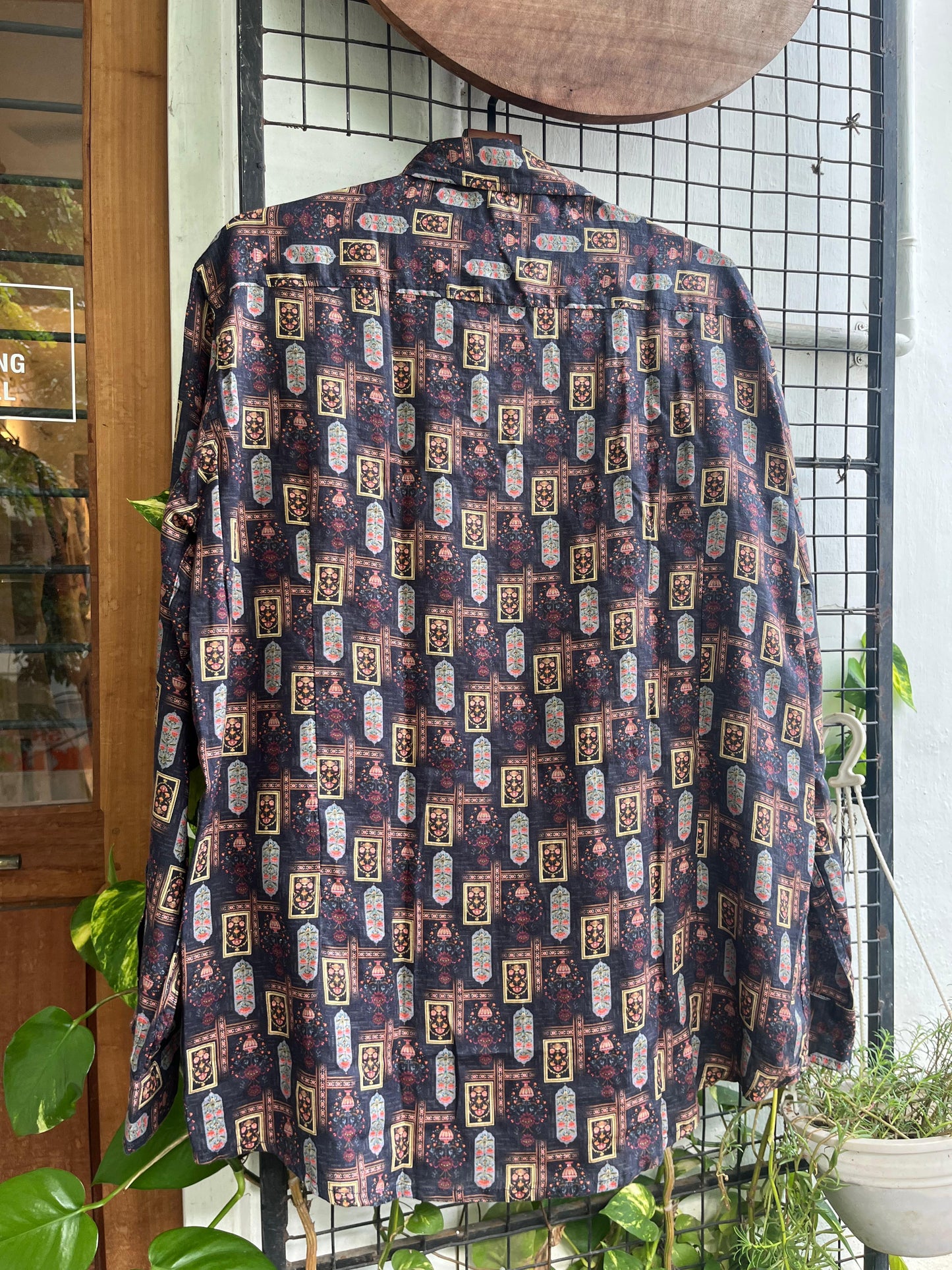 Black Traditional Print Linen Shirt