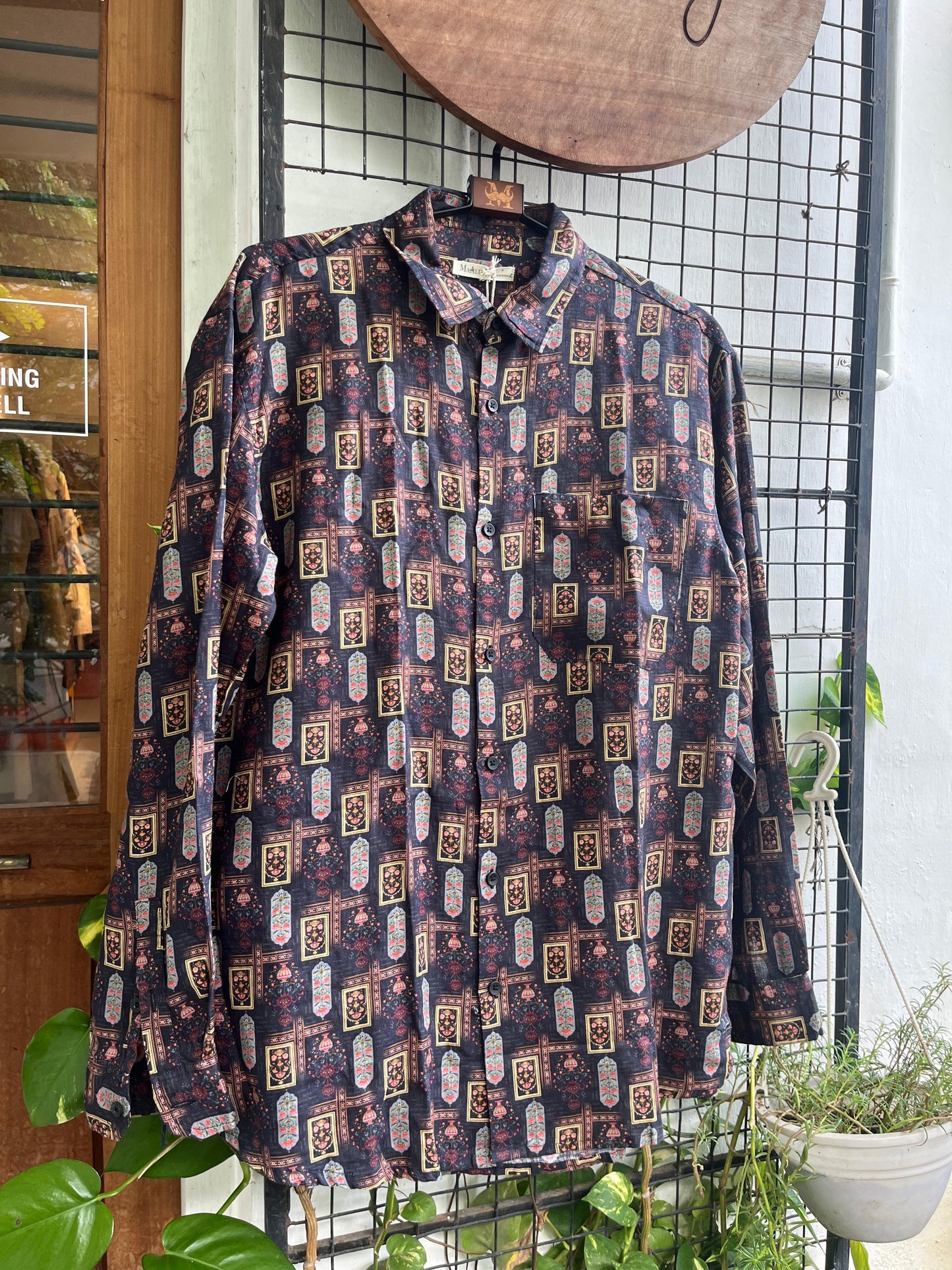 Black Traditional Print Linen Shirt