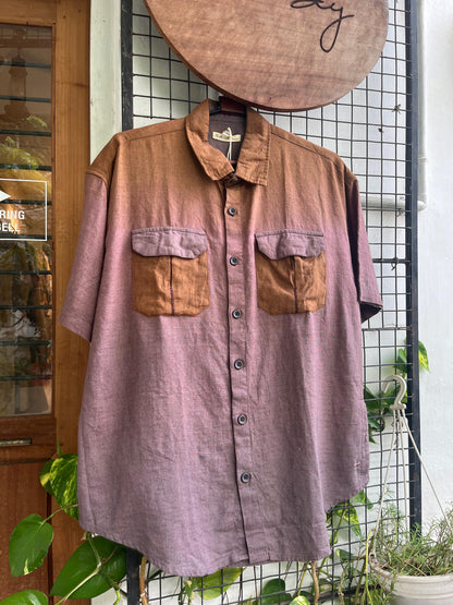 Cotton Linen Brown Faded Double Pocket Oversized Shirt