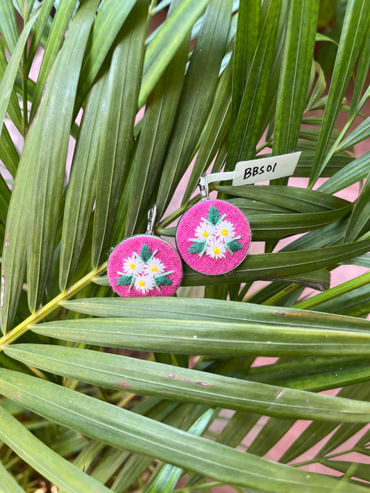 Pink & White Flower Round Earrings