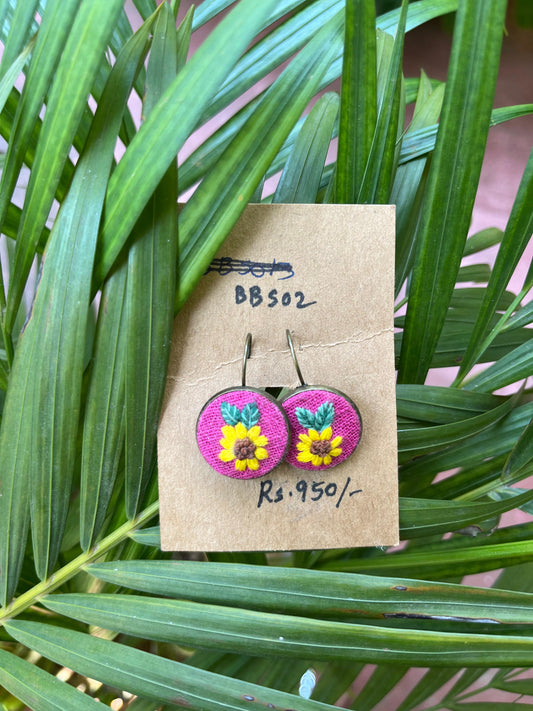 Pink & Yellow Flower Round Earrings