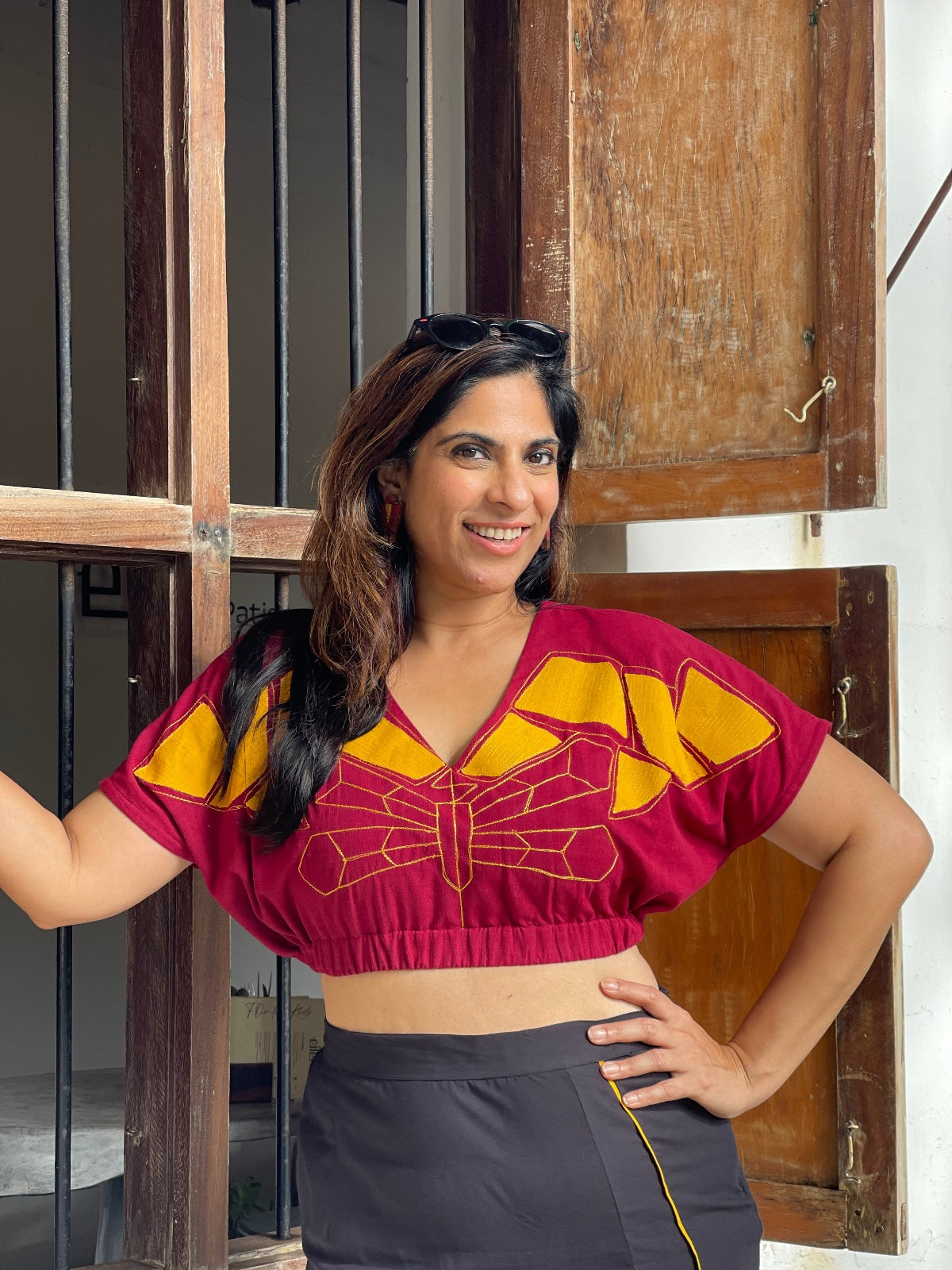 Red Dragon Fly Crop Top & Black Slit Skirt