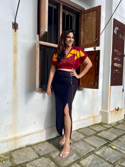 Red Dragon Fly Crop Top & Black Slit Skirt