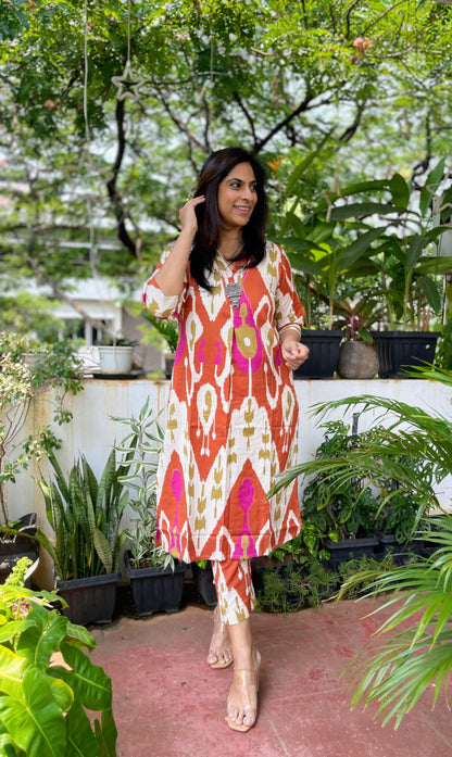 HOUSE OF VANDY RUST ORANGE IKAT PRINTED CO ORDS SET