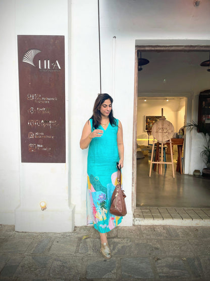 TRITVA PRINTED TURQUOISE ALINE DRESS WITH SLIT