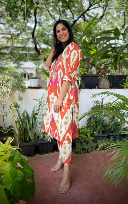 HOUSE OF VANDY RUST ORANGE IKAT PRINTED CO ORDS SET