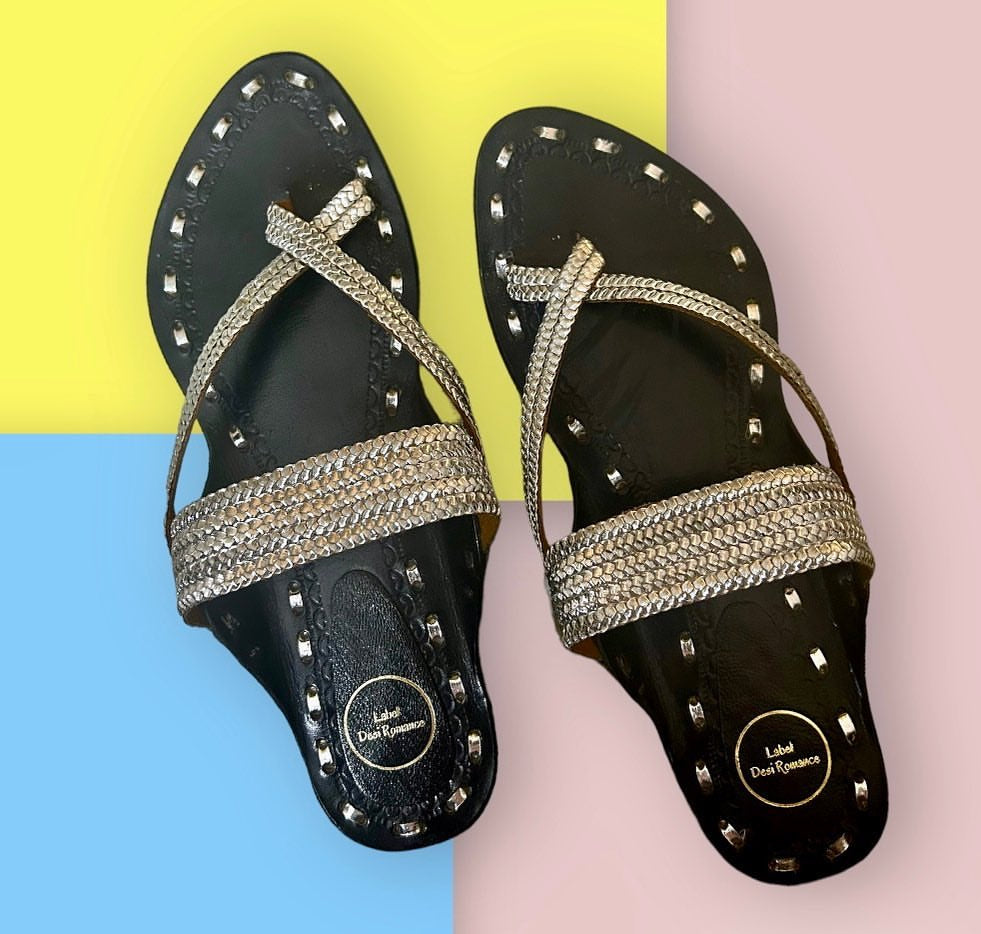 Black with Silver ZIg zag Flat Sandals