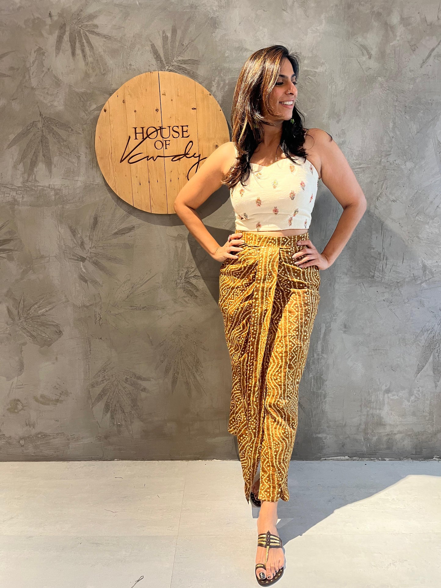 White Printed Crop Top & Mustard Yellow Drape Skirt