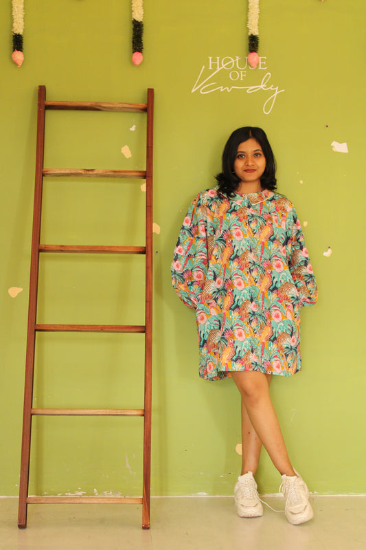 Bird & Flower Print Full-Sleeve Mid Length Dress