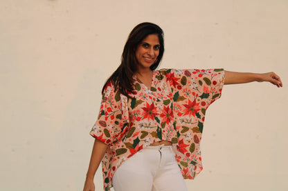 Pink Flower & Red Cherry Print Crop Shirt