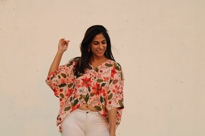 Pink Flower & Red Cherry Print Crop Shirt