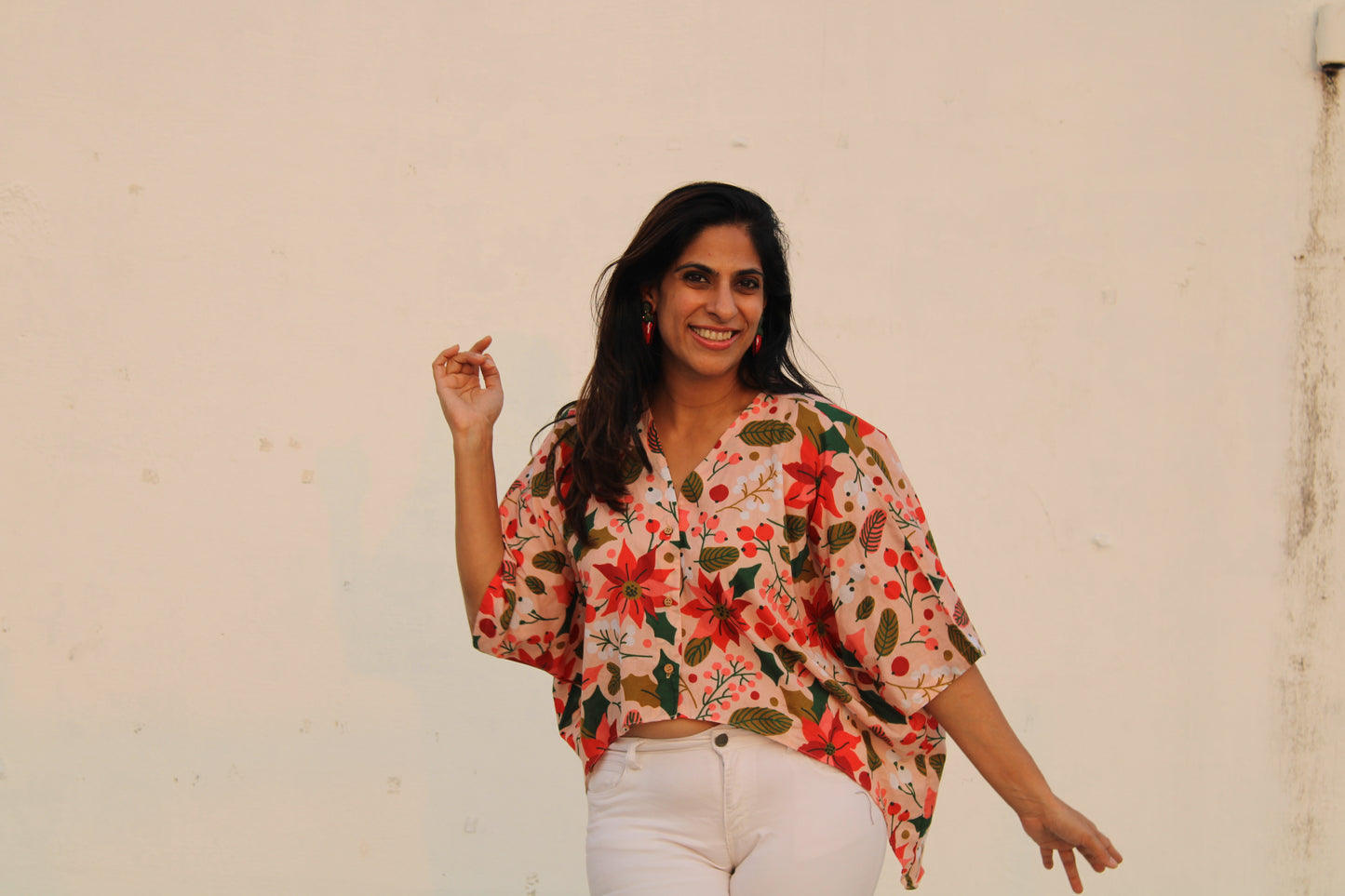 Pink Flower & Red Cherry Print Crop Shirt