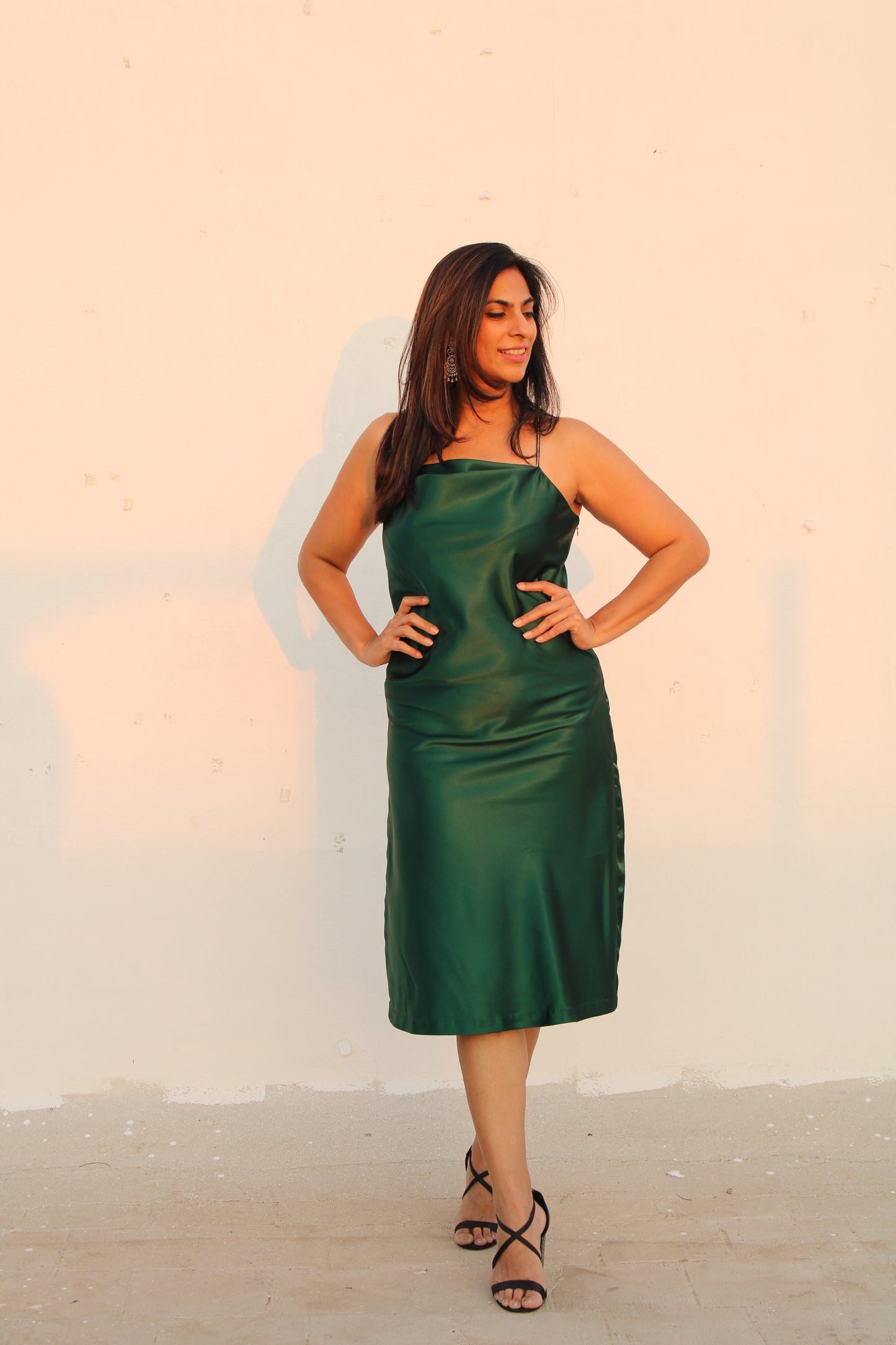 Green Satin Cowl Party Dress