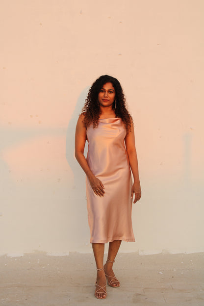 Peach Satin Cowl Party Dress