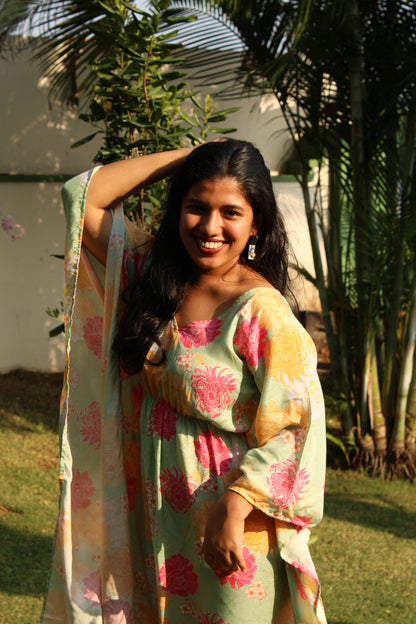 Light Green & Pink Floral Kaftan