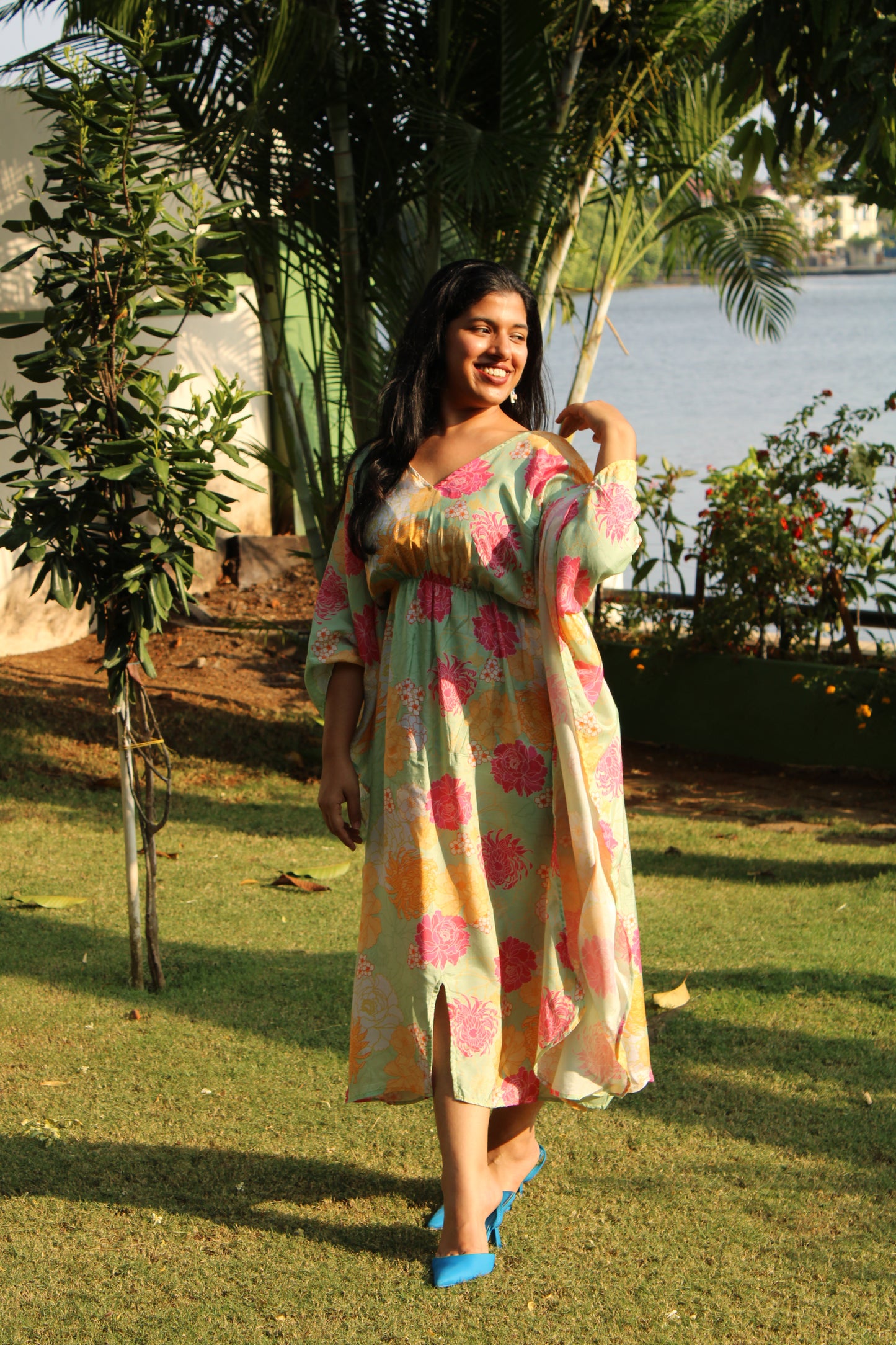 Light Green & Pink Floral Kaftan