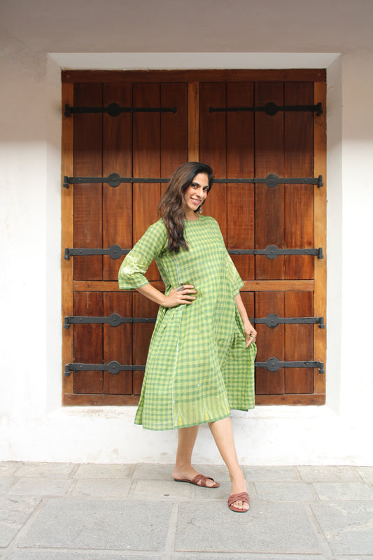 Pintuck Gathered Dress-Green Checks Jamdani