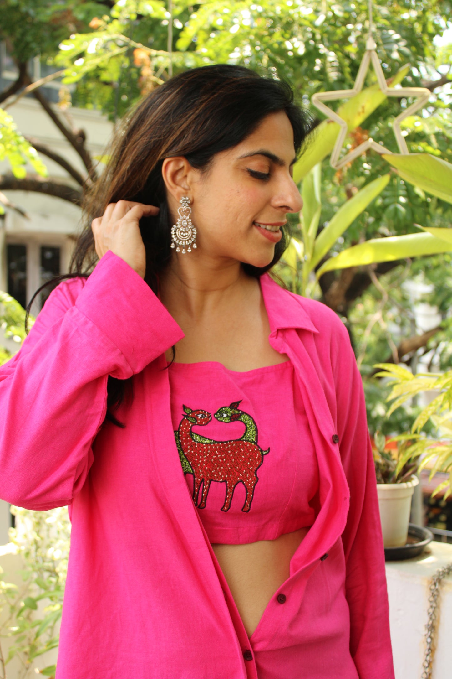 Hot Pink Linen 2pc Set Long Dress (Small Embroidered Crop Top)