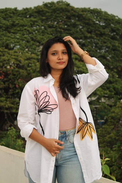 White Long Shirt with Yellow & Pink Flower Embroidered Front