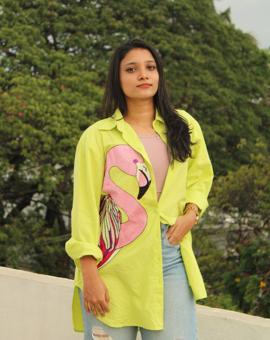 Pink Swan Embroidered Neon Green Long Shirt