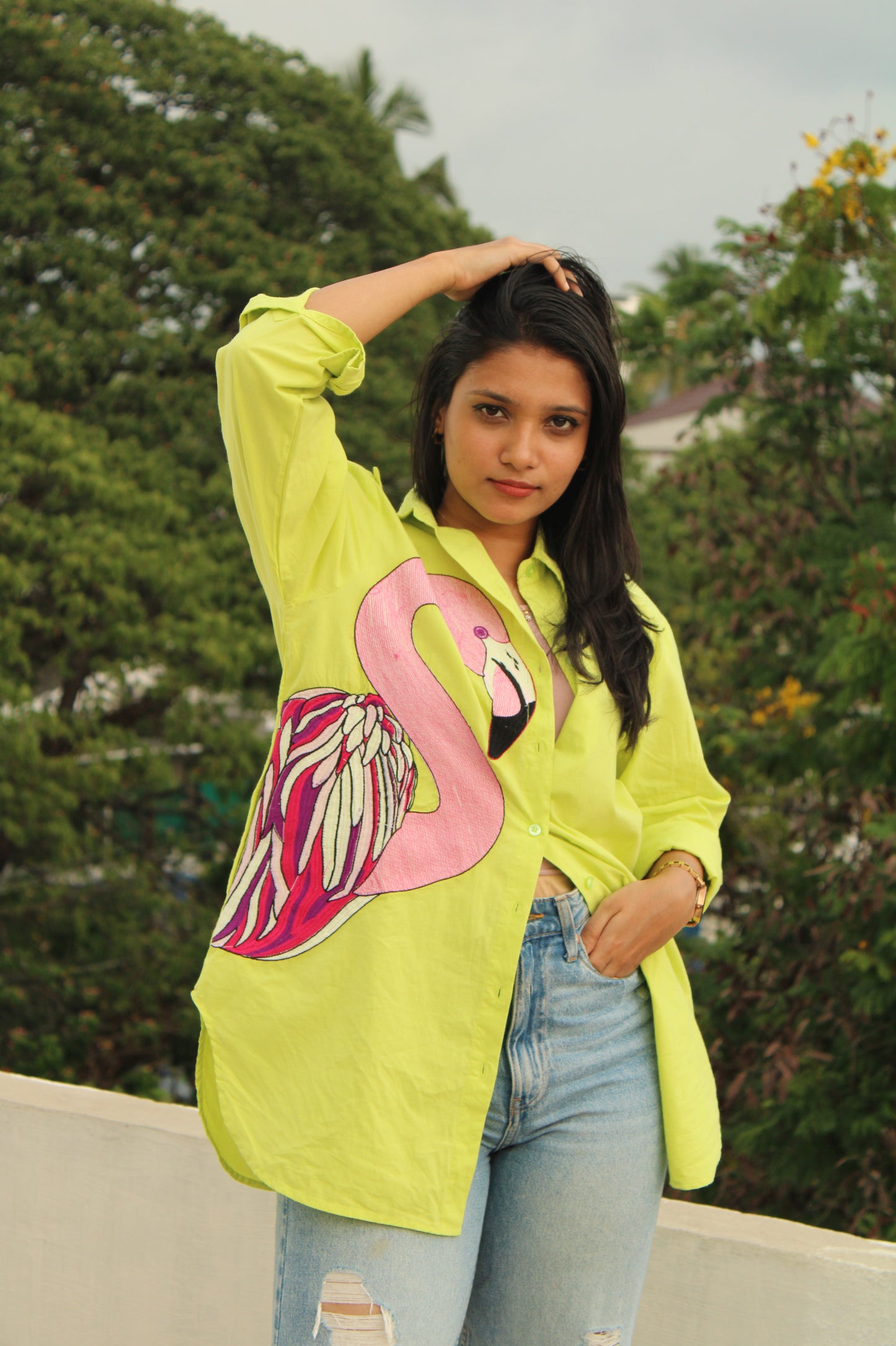 Pink Swan Embroidered Neon Green Long Shirt