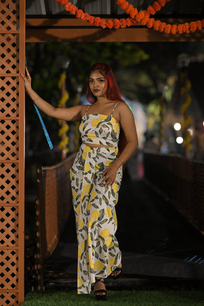 Mango and Leaf Print White Crop Top & Drape Skirt