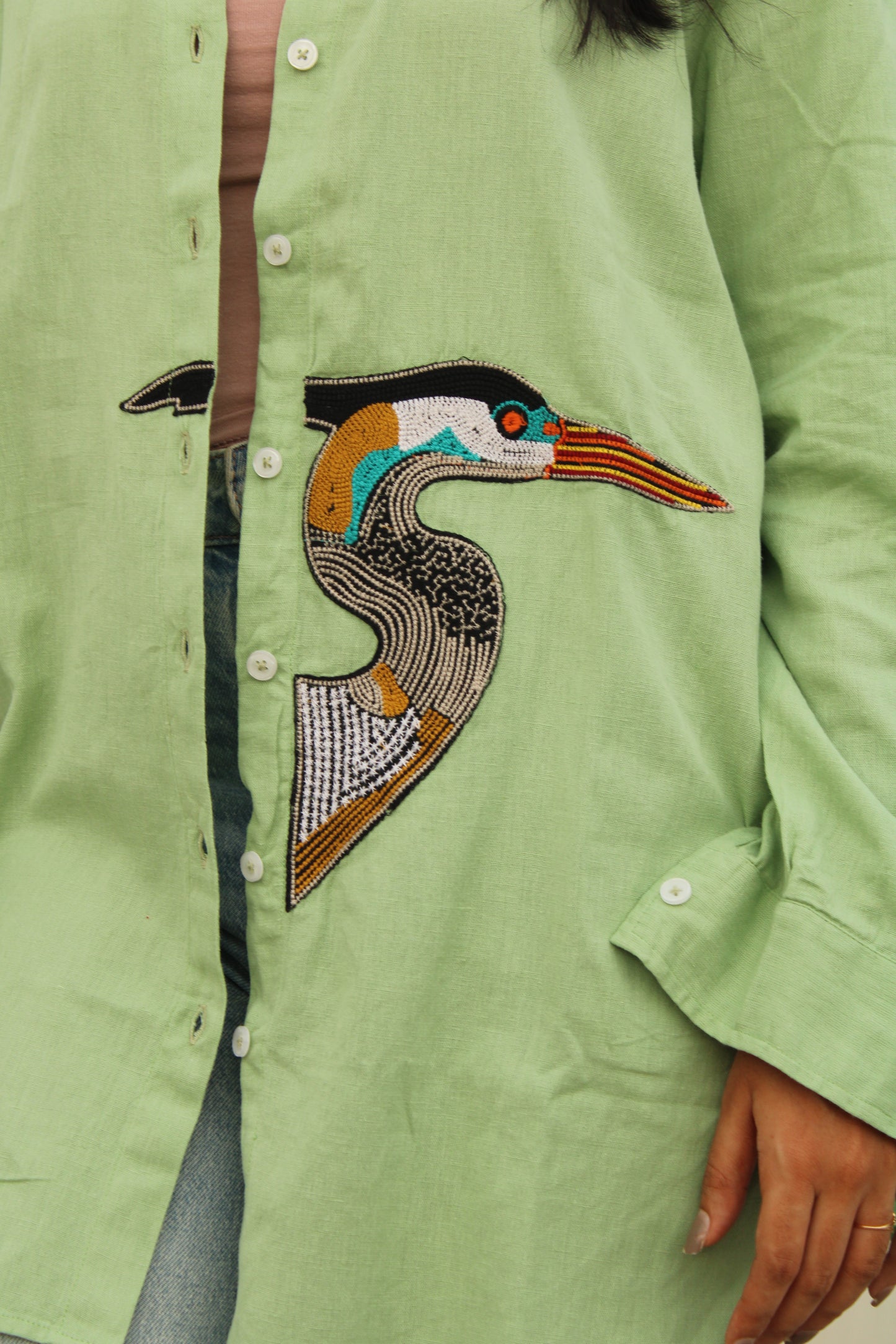 Light Green Woollen Shirt with Artistic Embroidery