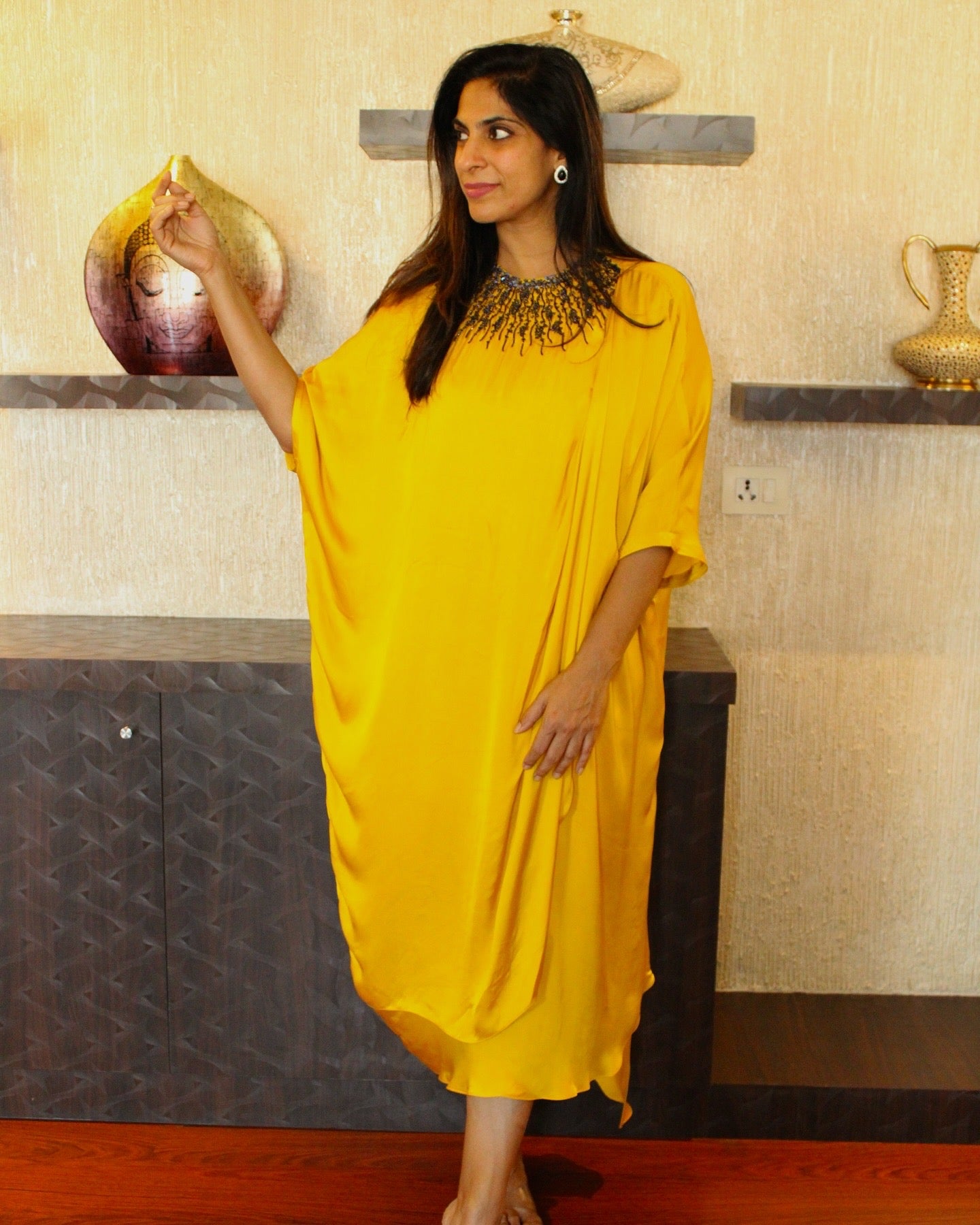 Dark Blue-Neck Embroidered Yellow Kaftan