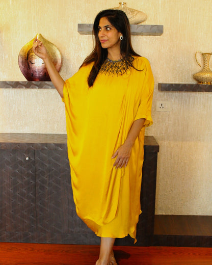 Dark Blue-Neck Embroidered Yellow Kaftan