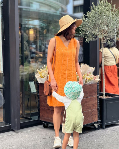 Linen V-Neck Sleeveless Orange Mid Dress