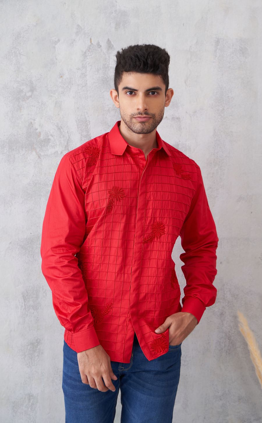 RED SQUARE PINTUCK SHIRT