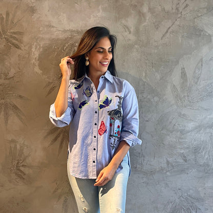 Blue Denim Shirt with Embroidered Front